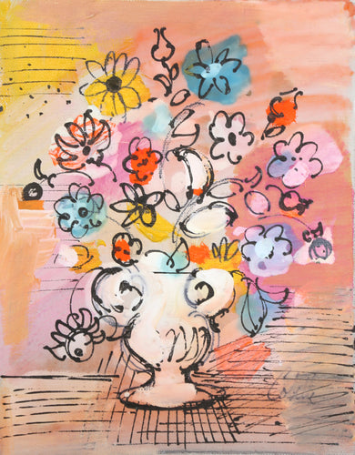 Vase with Flowers (Blue and PInk on Peach)