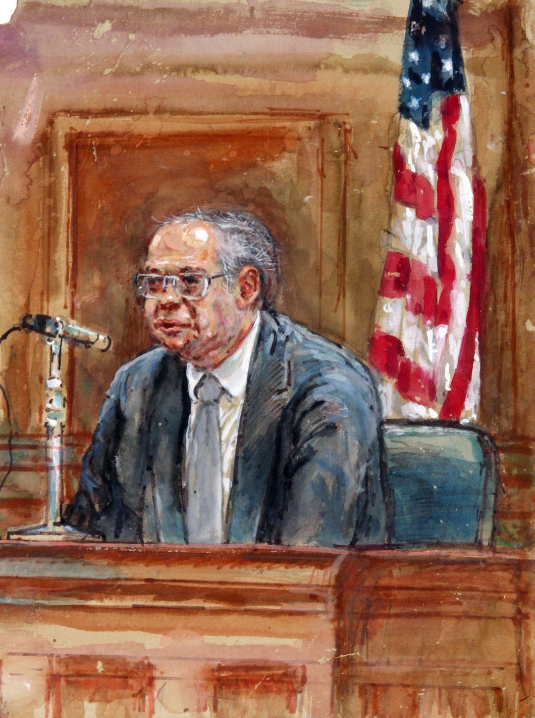 28 - Man with Glasses Speaking Into Microphone Watercolor | Marshall Goodman,{{product.type}}