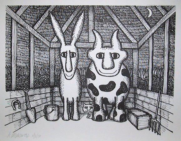 Animals in Barn at Night Poster | Ken Munowitz,{{product.type}}