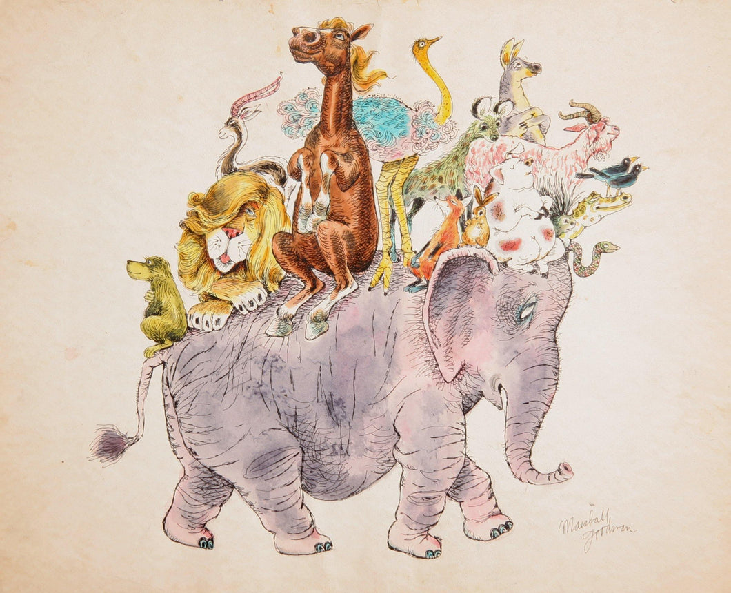 Animals Riding an Elephant Watercolor | Marshall Goodman,{{product.type}}