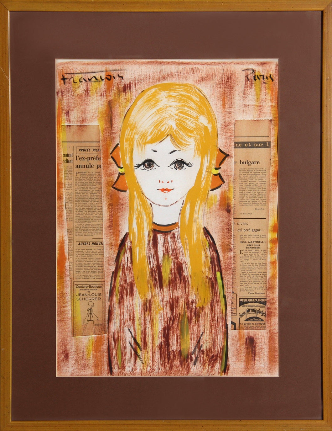 Blonde Girl with Orange Bows Mixed Media | Francois Paris,{{product.type}}