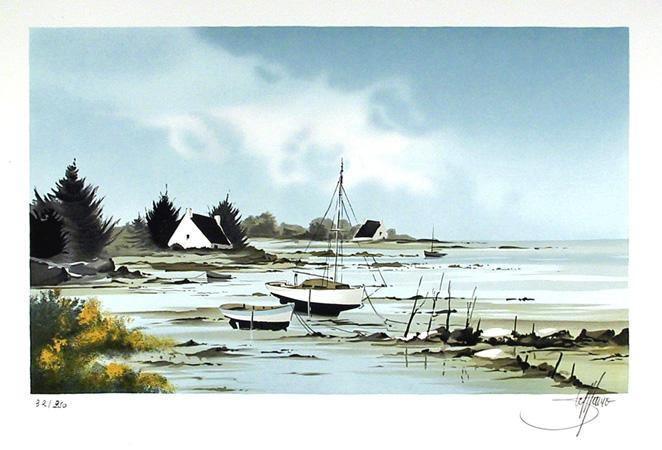 Boats at Shore Lithograph | Stephane Lauro,{{product.type}}