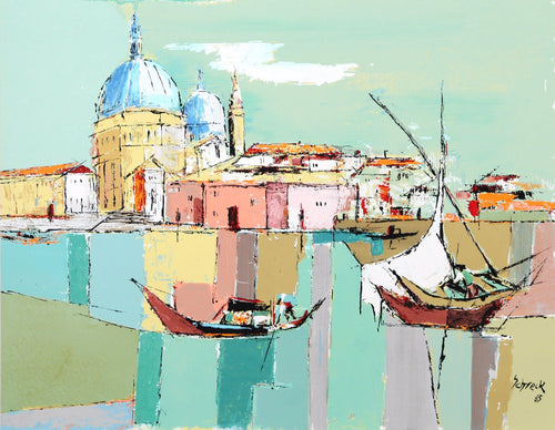 Boats in European Harbor Screenprint | Michael Schreck,{{product.type}}