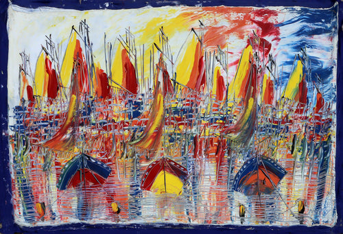 Boats in Harbor Oil | Unknown Artist,{{product.type}}