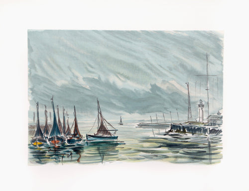Boats in Harbor with Lighthouse Lithograph | Laurent Marcel Salinas,{{product.type}}
