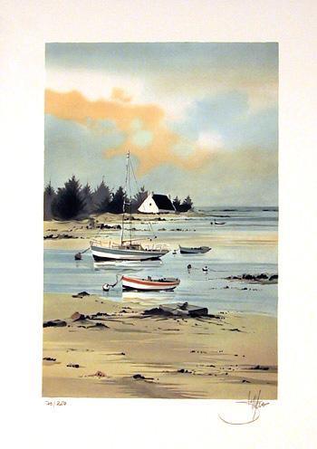 Boats on Beach Shore Lithograph | Stephane Lauro,{{product.type}}