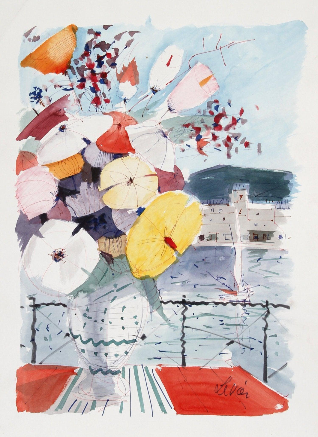 Bouquet of Flowers on Balcony Watercolor | Charles Levier,{{product.type}}