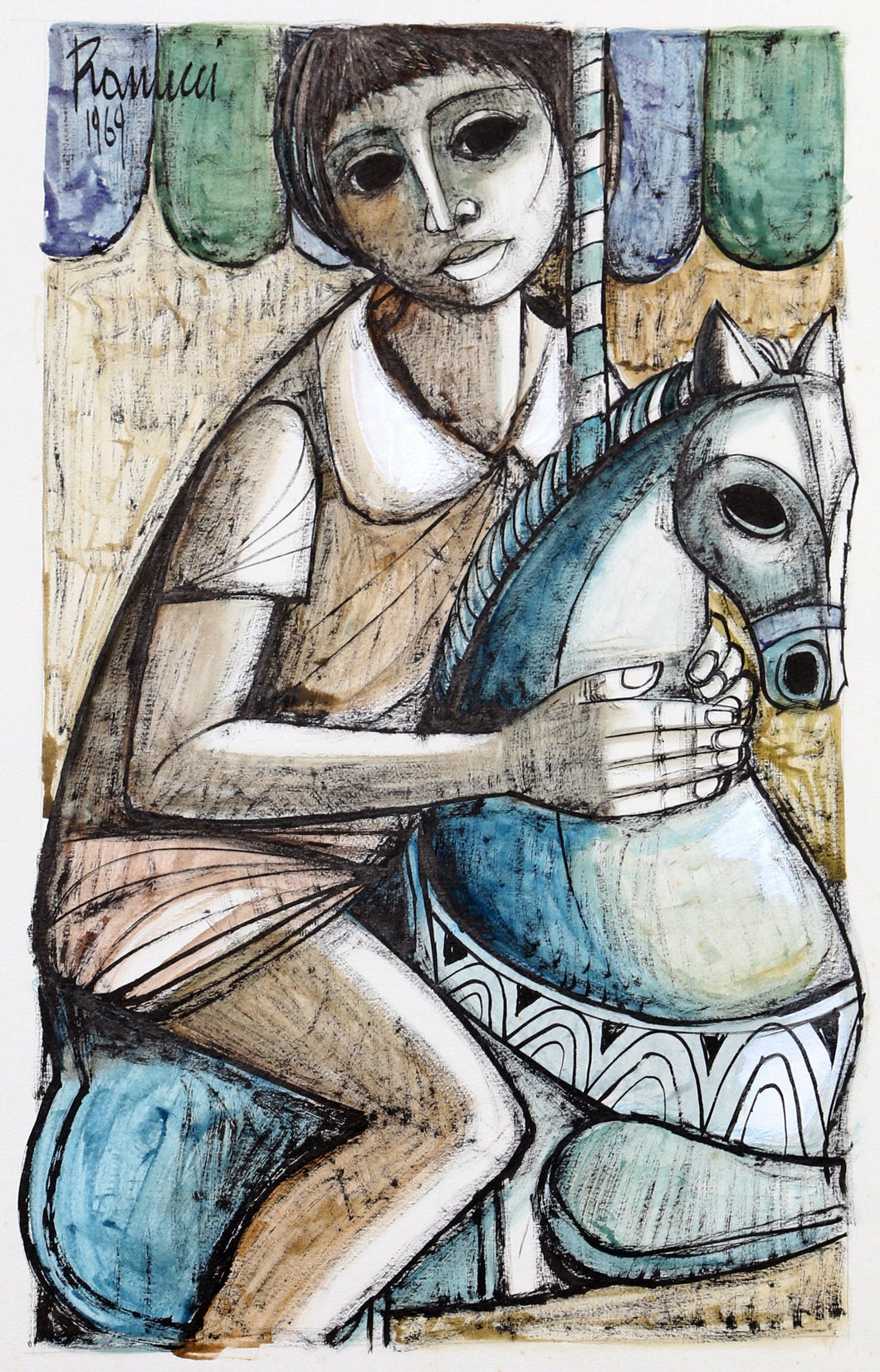 Boy on Carousel Watercolor | Lucio Ranucci,{{product.type}}