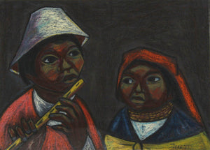 Boy Playing Flute with Girl Gouache | Arturo Nieto,{{product.type}}