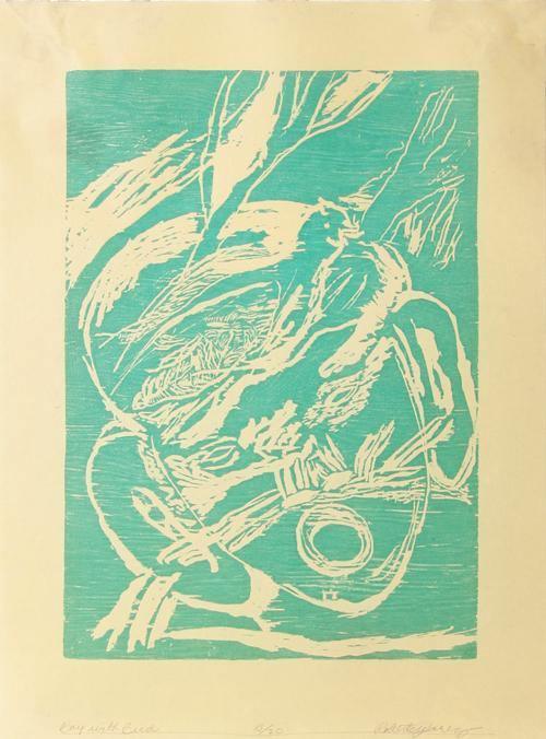Boy with Bird (turquoise) Woodcut | Roberto Juárez,{{product.type}}