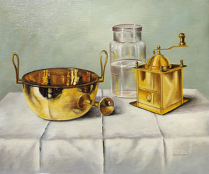 Brass Coffee Grinder and Bowl Still Life Oil | András Gombár,{{product.type}}
