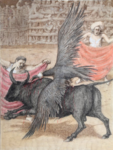 Bull Fight with Vulture Watercolor | Unknown Artist,{{product.type}}