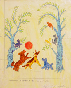 Cats in Tree and Dogs Playing Watercolor | Marshall Goodman,{{product.type}}