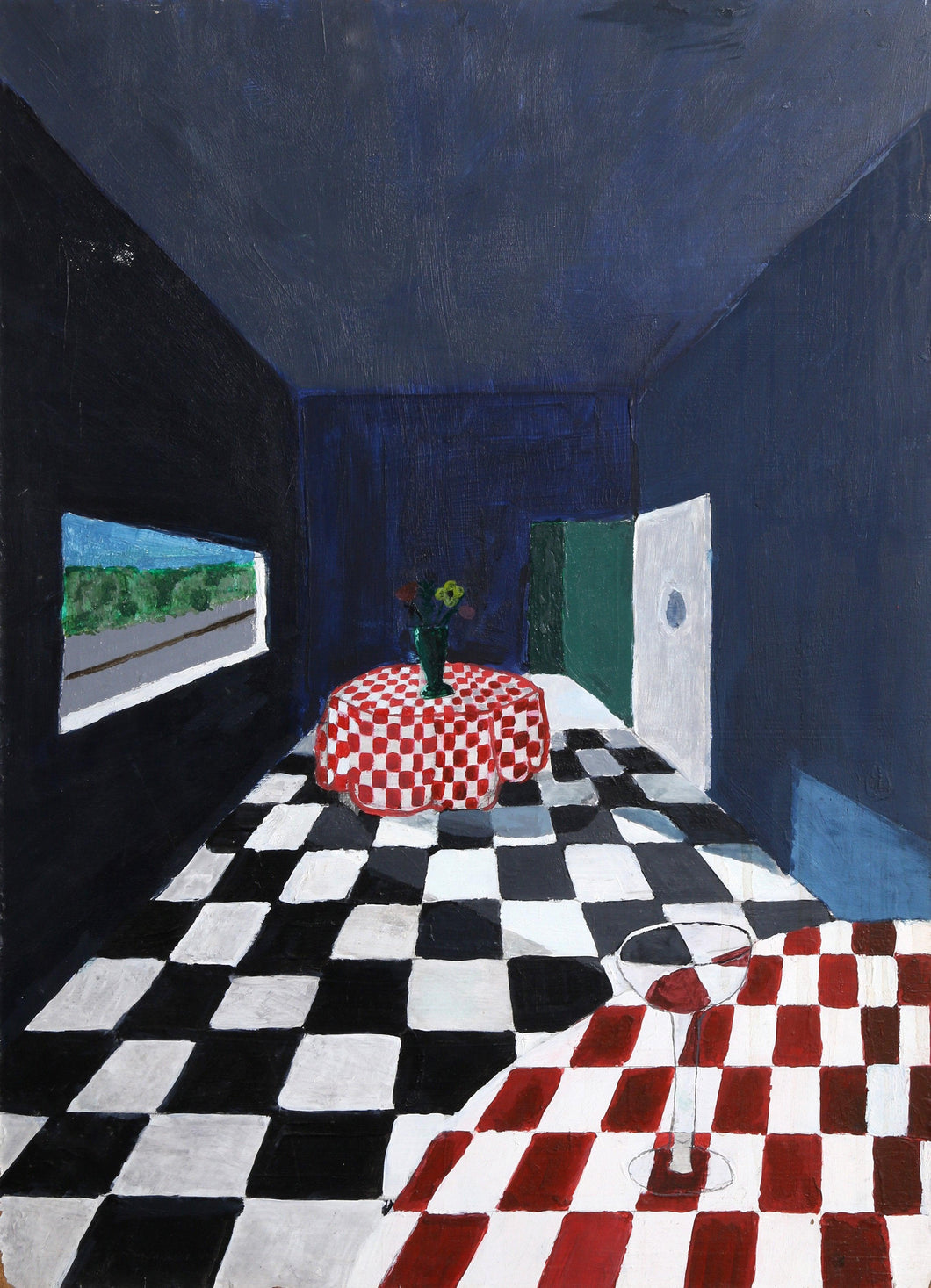 Checkered Cafe Scene Oil | Unknown Artist,{{product.type}}