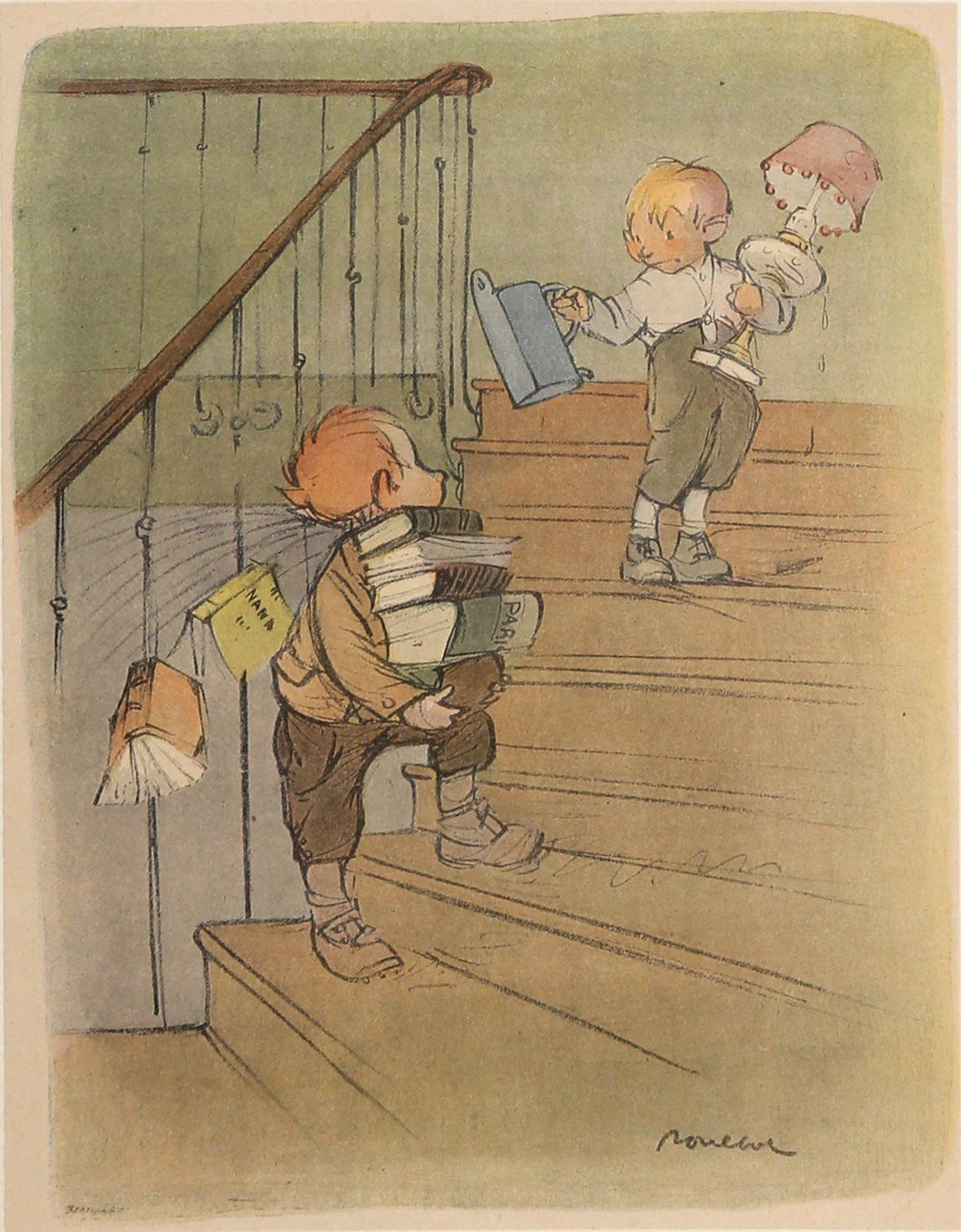 Children on Stairs Lithograph | Francisque Poulbot,{{product.type}}
