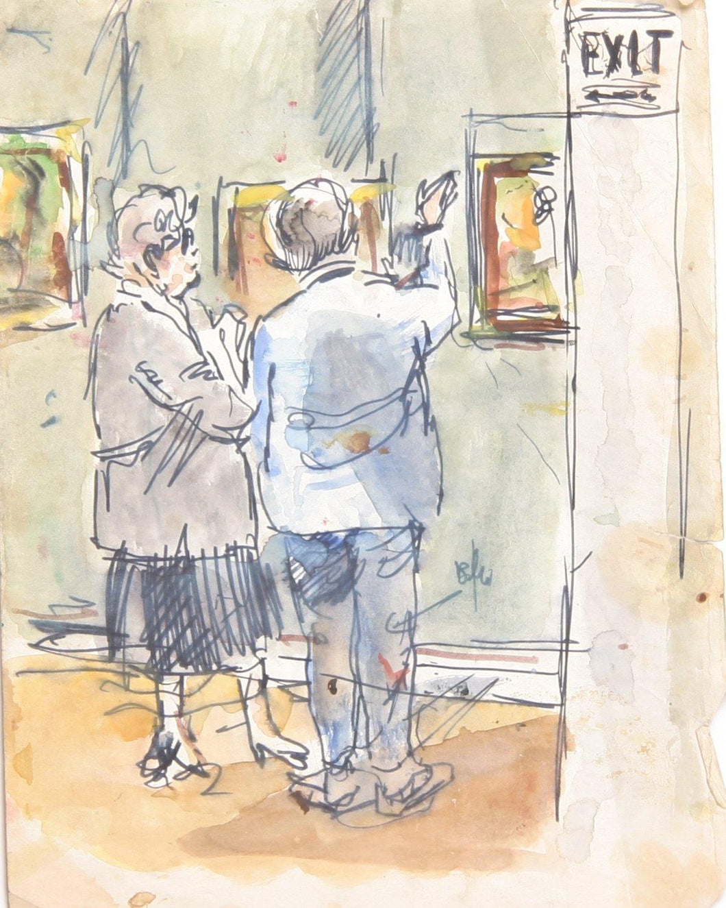 Couple at Museum Watercolor | Marshall Goodman,{{product.type}}