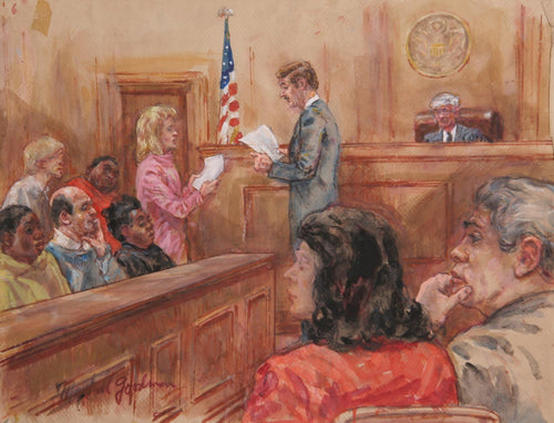 Courtroom 50, Juror Reading the Verdict Watercolor | Marshall Goodman,{{product.type}}