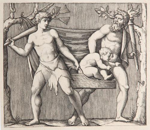 Deux faunes portant un enfant Etching | Marcantonio Raimondi,{{product.type}}