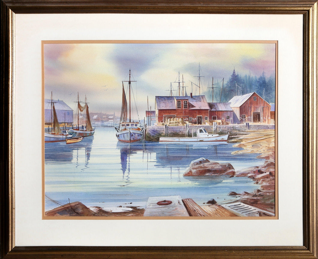 Docked Boats at Low Tide Watercolor | Allen Ulmer,{{product.type}}