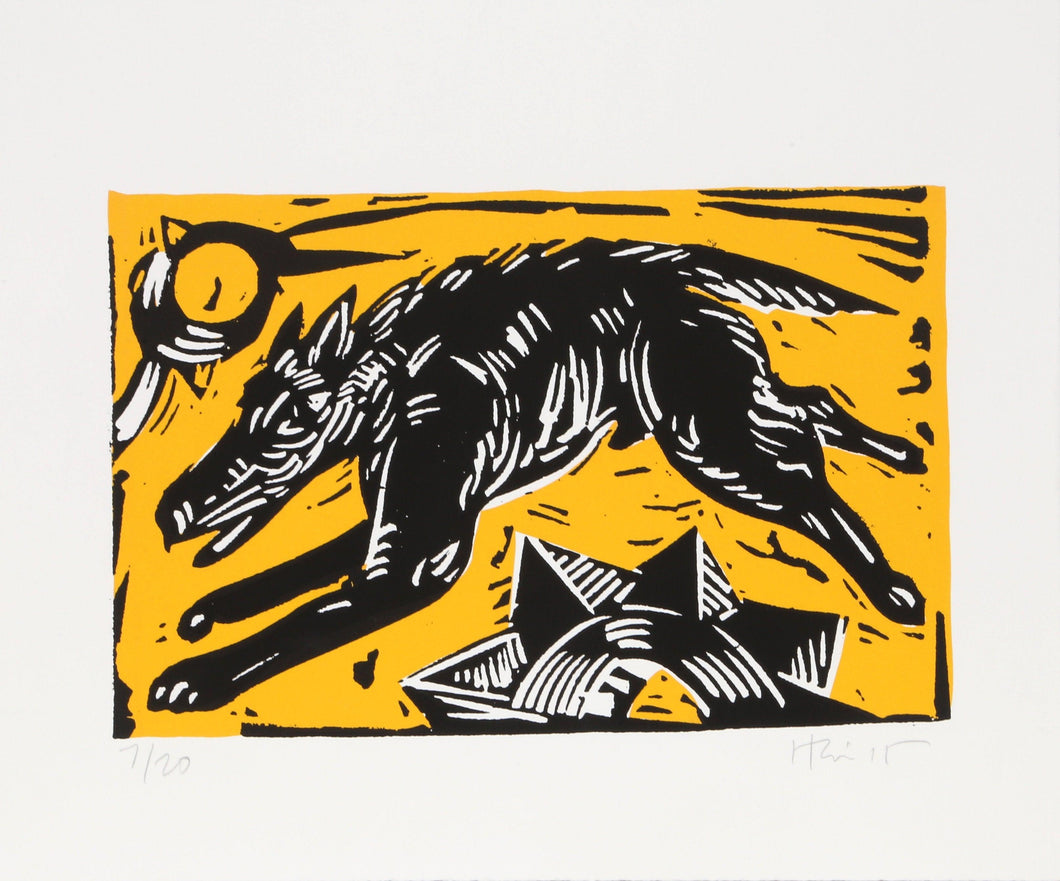 Dog on Yellow Woodcut | Charlie Hewitt,{{product.type}}