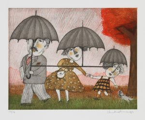 Family with Umbrellas Etching | Christine Amarger,{{product.type}}