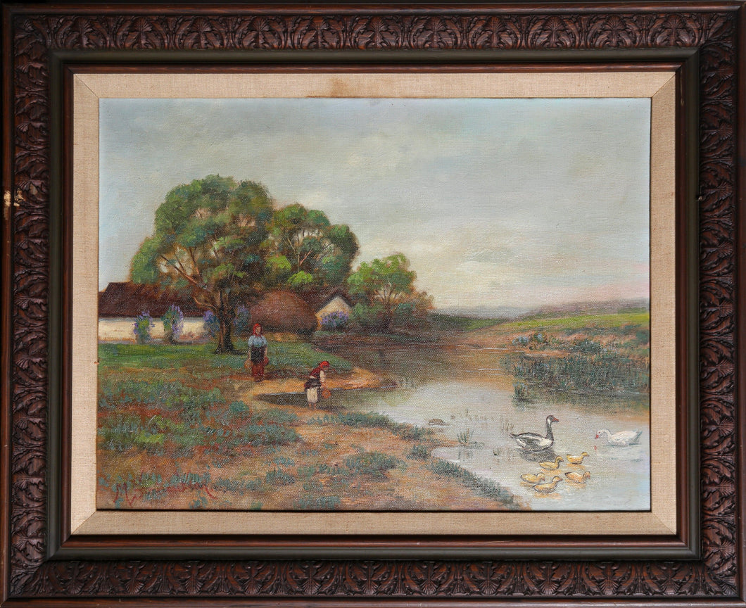 Farm Scene with Geese Oil | Unknown Artist,{{product.type}}