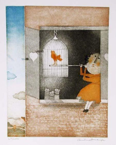 Flautist and Red Bird Etching | Christine Amarger,{{product.type}}