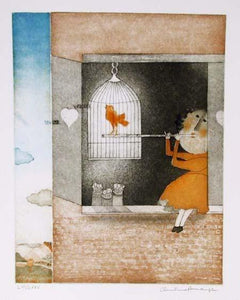 Flautist and Red Bird Etching | Christine Amarger,{{product.type}}