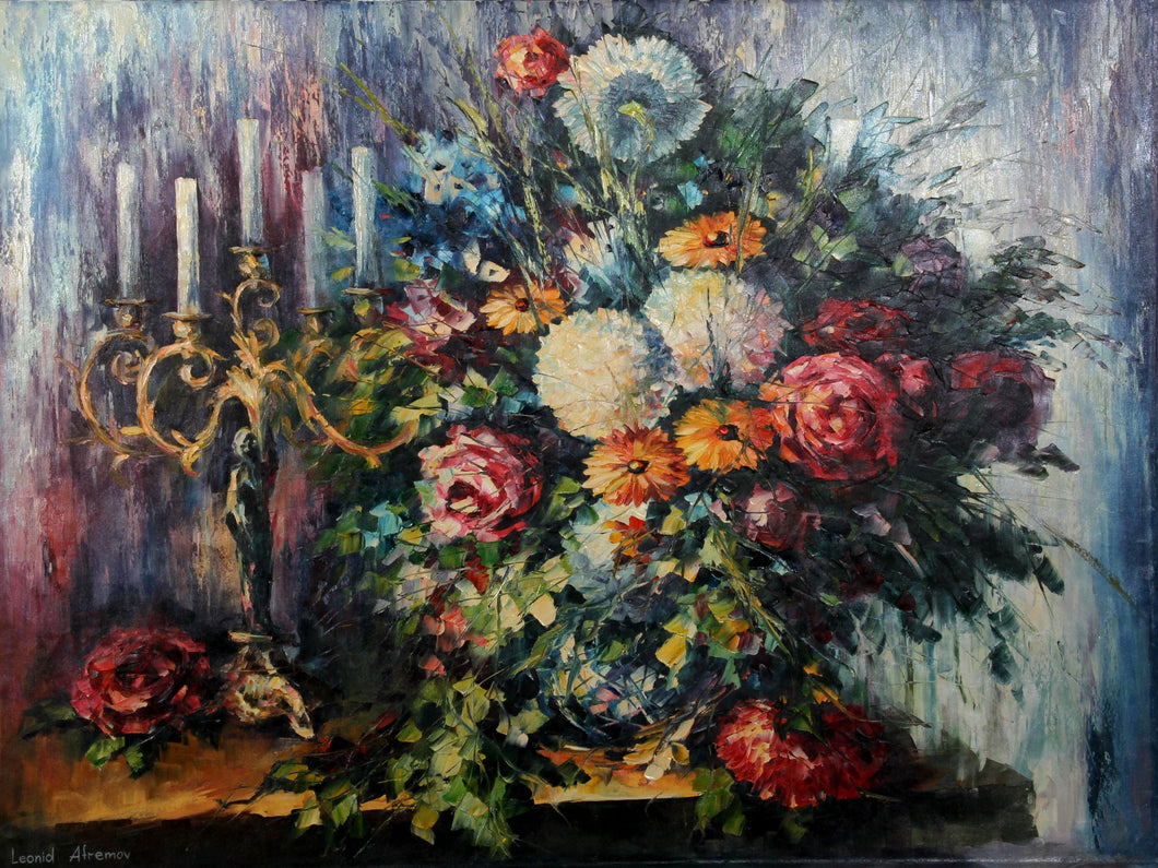 Flower Arrangement with Candelabra Oil | Leonid Afremov,{{product.type}}