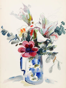 Flowers in Blue Pitcher (P1.8) Watercolor | Eve Nethercott,{{product.type}}