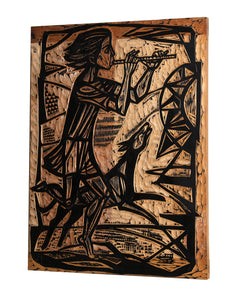 Flute Player and Dog 2 Woodcut | Irving Amen,{{product.type}}