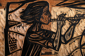 Flute Player and Dog 2 Woodcut | Irving Amen,{{product.type}}