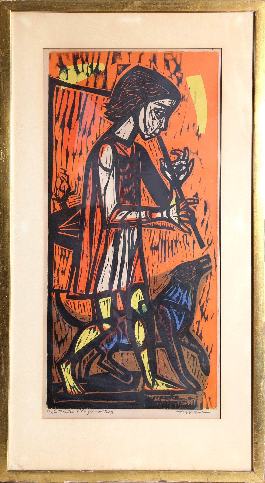 Flute Player and Dog Woodcut | Irving Amen,{{product.type}}