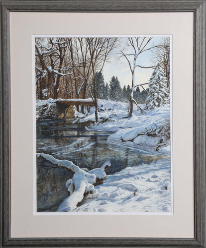 Footbridge in the Snow Watercolor | Michael Davidoff,{{product.type}}
