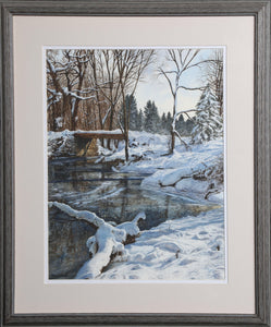 Footbridge in the Snow Watercolor | Michael Davidoff,{{product.type}}