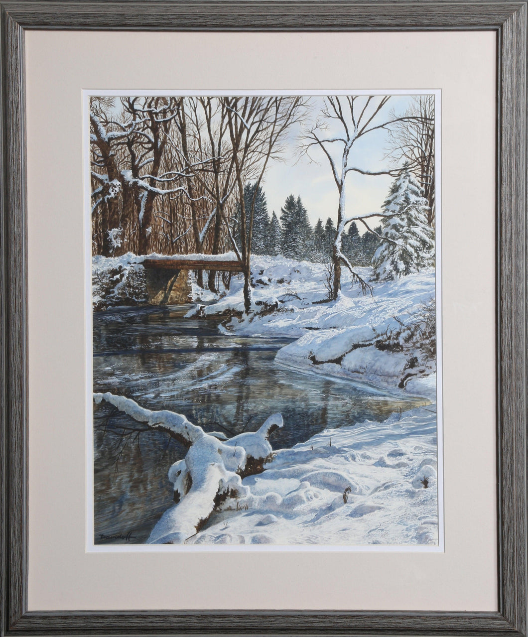 Footbridge in the Snow Watercolor | Michael Davidoff,{{product.type}}