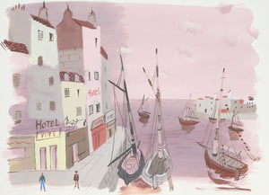 French Hotels by the Harbor (Pink) Watercolor | Charles Levier,{{product.type}}