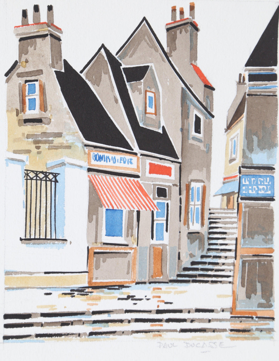 French Staircase in Town II Watercolor | Paul Ducasse,{{product.type}}