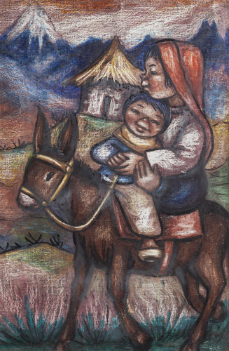 Girl and Boy on Donkey Pastel | Unknown Artist,{{product.type}}