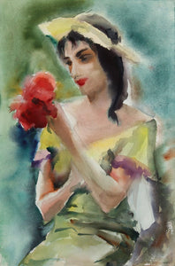 Girl with Bouquet (54) Watercolor | Eve Nethercott,{{product.type}}