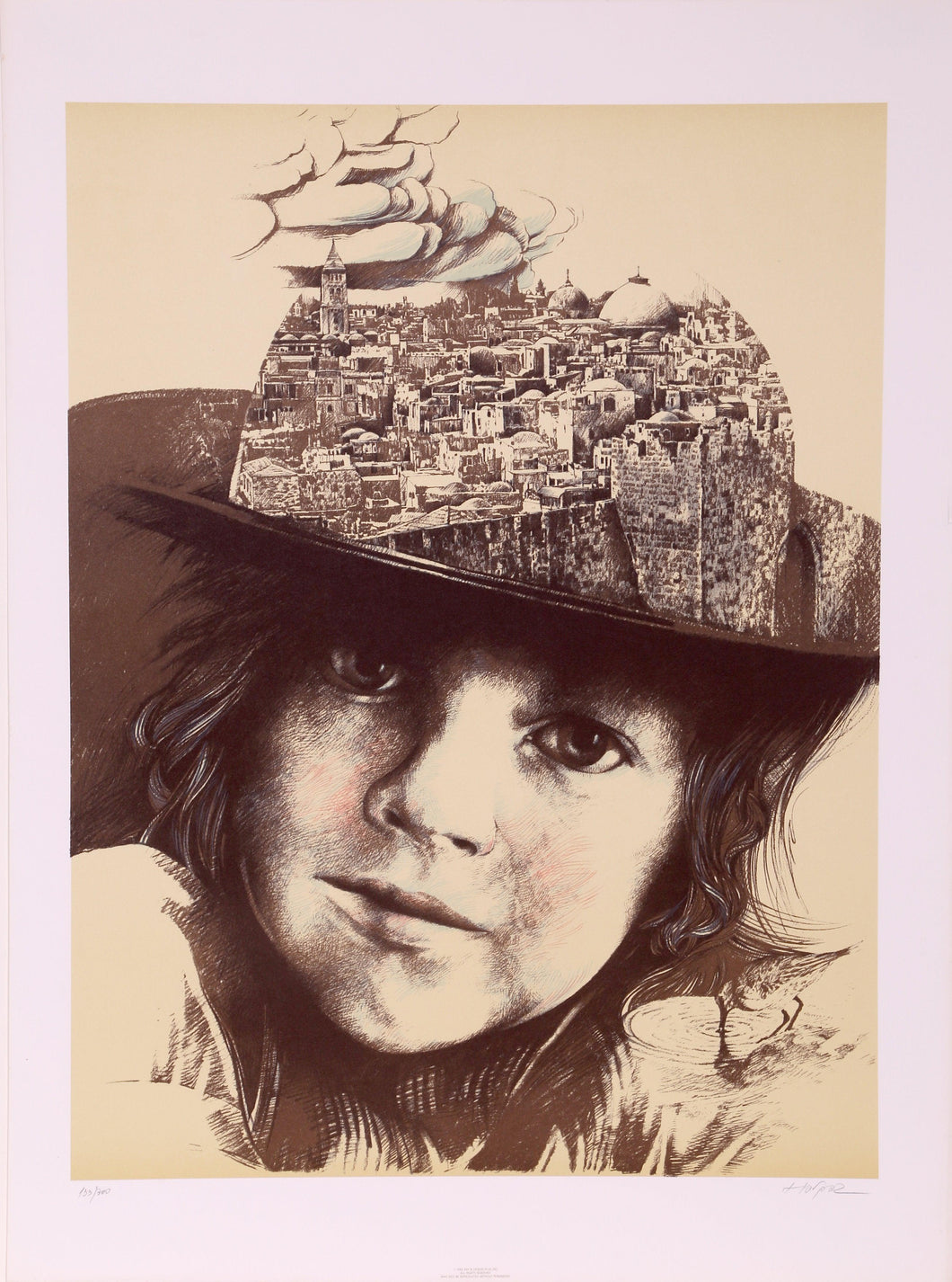 Girl with City Hat Lithograph | Ari Harpaz,{{product.type}}