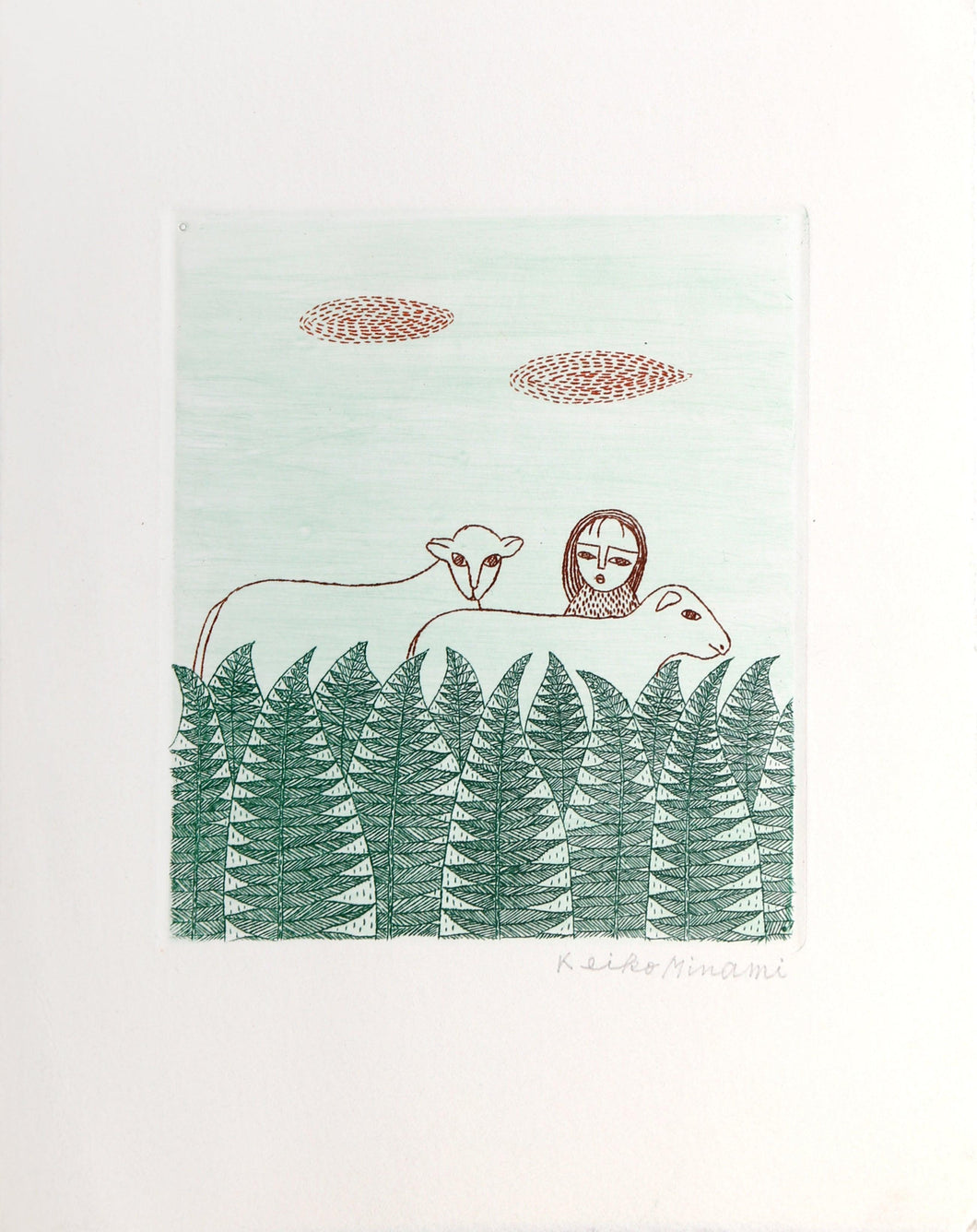 Girl with Two Lambs Etching | Keiko Minami,{{product.type}}
