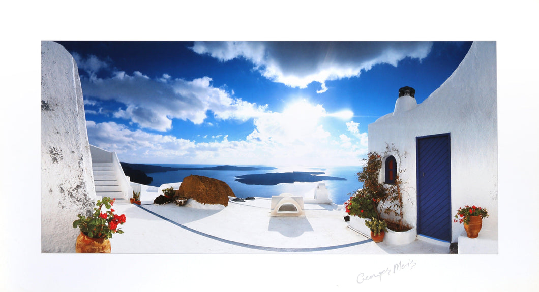 Greek Patio With Flowers, Santorini Poster | George Meis,{{product.type}}