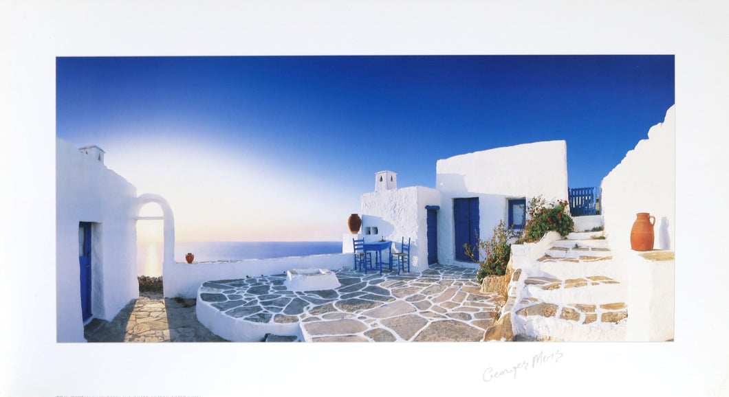 Greek Seascape with Patio and Chairs, Santorini Poster | George Meis,{{product.type}}