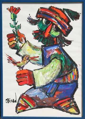 Green Man with Flower and Bird Acrylic | Jovan Obican,{{product.type}}