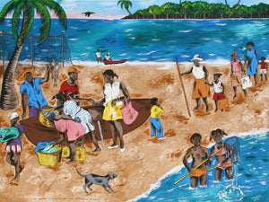 In the Caribbean the Fisherman still sell their Big Catch on the Beach Acrylic | Isiah Nicholas,{{product.type}}