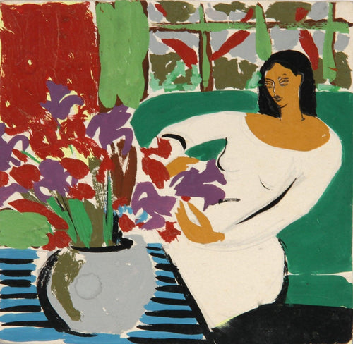 Interior Portrait with Flowers Gouache | Huguette Baudrot,{{product.type}}