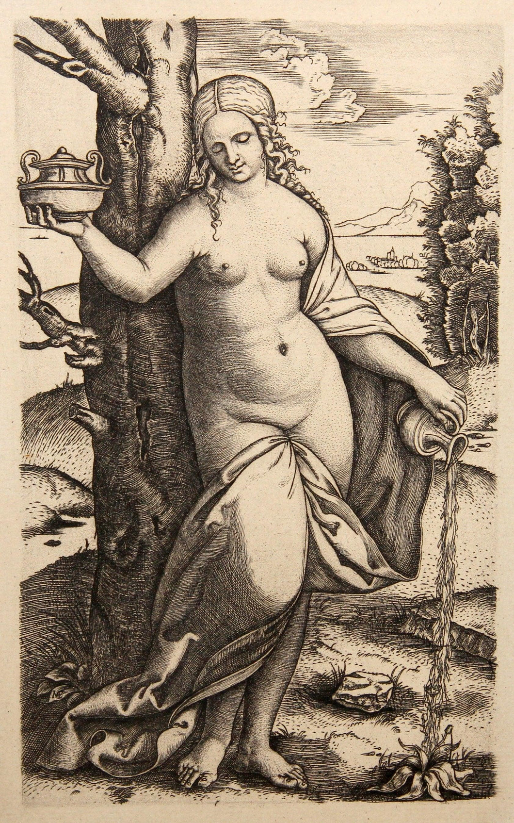 Jeune femme arrosant une plante Etching | Marcantonio Raimondi,{{product.type}}