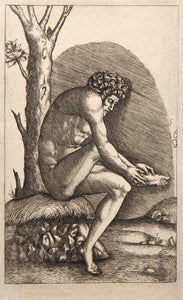 L'homme examinant la blessure de son pied Etching | Marcantonio Raimondi,{{product.type}}