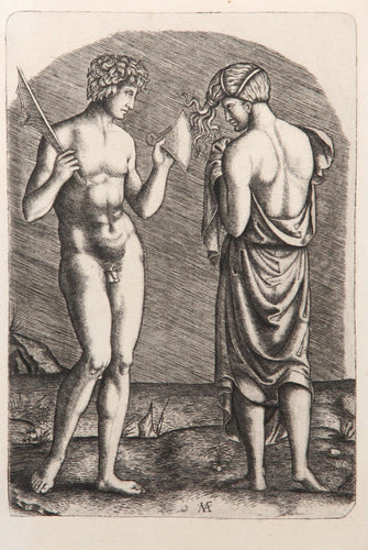 l'homme montrant une hache a une femme Etching | Marcantonio Raimondi,{{product.type}}